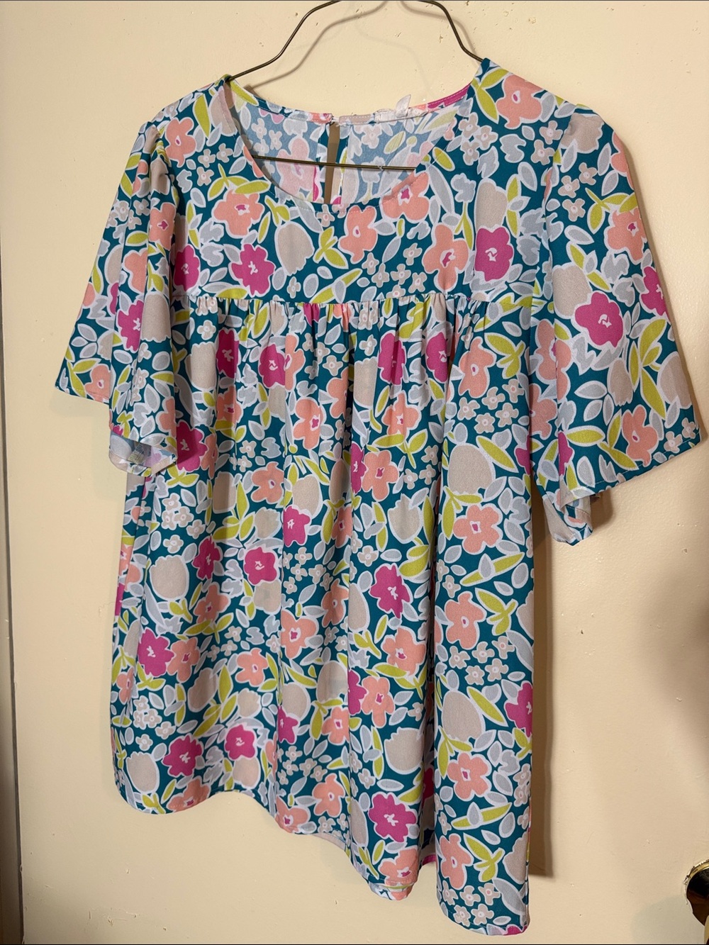 JODIFL Teal Floral Flutter-Sleeve Blouse with Pink Accents